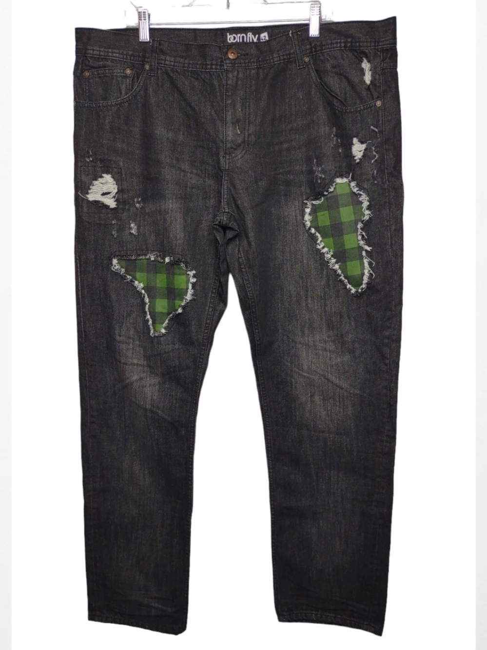 Born Fly Anytown USA Black Denim Jeans Patch 42 Ripped Destressed
